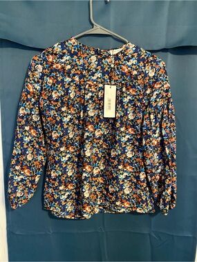 Molly Bracken Navy Blue Floral Blouse with Orange and Cream Flowers